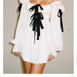 Rumored Macbeth Mini Dress - White Dress with Black Ribbon Accents